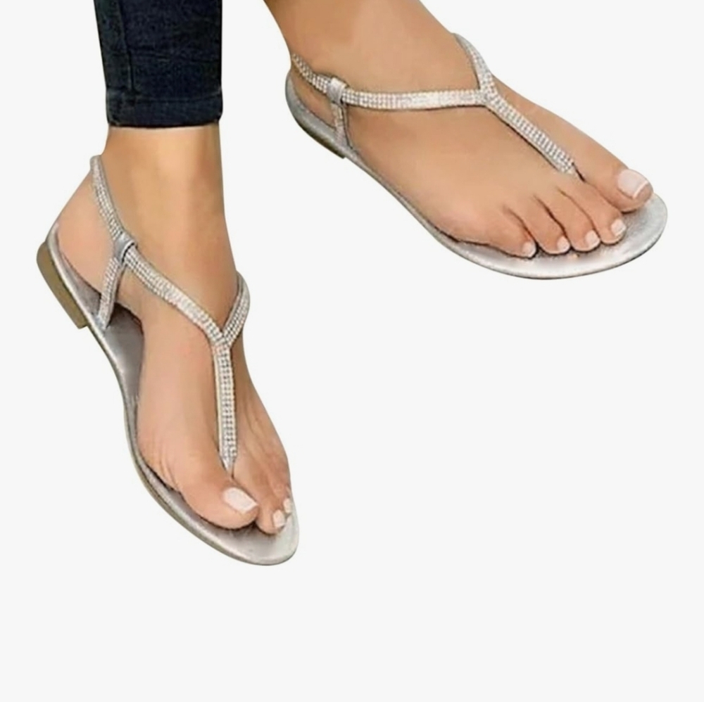 Rhinestone T-Strap Silver Women's Sandals